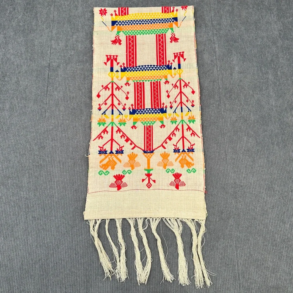 Vintage Handwoven Folk Art Textile Table Runner Rainbow Geometric Fringe 42x10